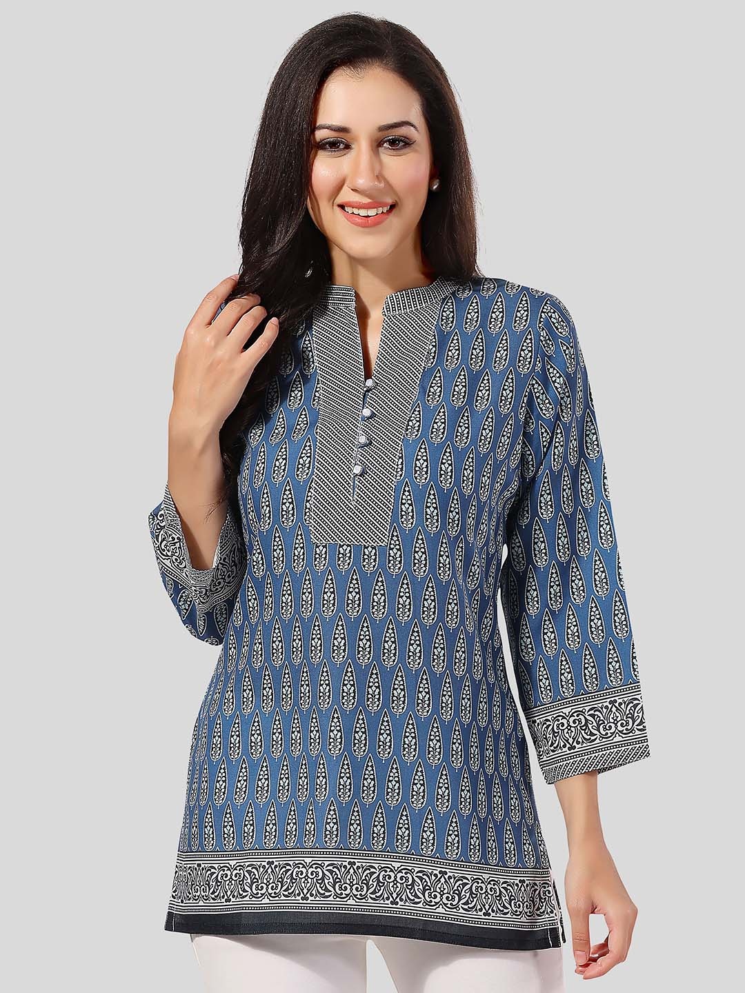 

keshubaba Mandarin Collar Ethnic Motifs Printed Cotton Tunic, Blue