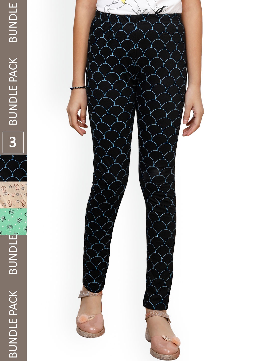 

IndiWeaves Girls Pack Of 3 Printed Pure Cotton Ankle Length Leggings, Black