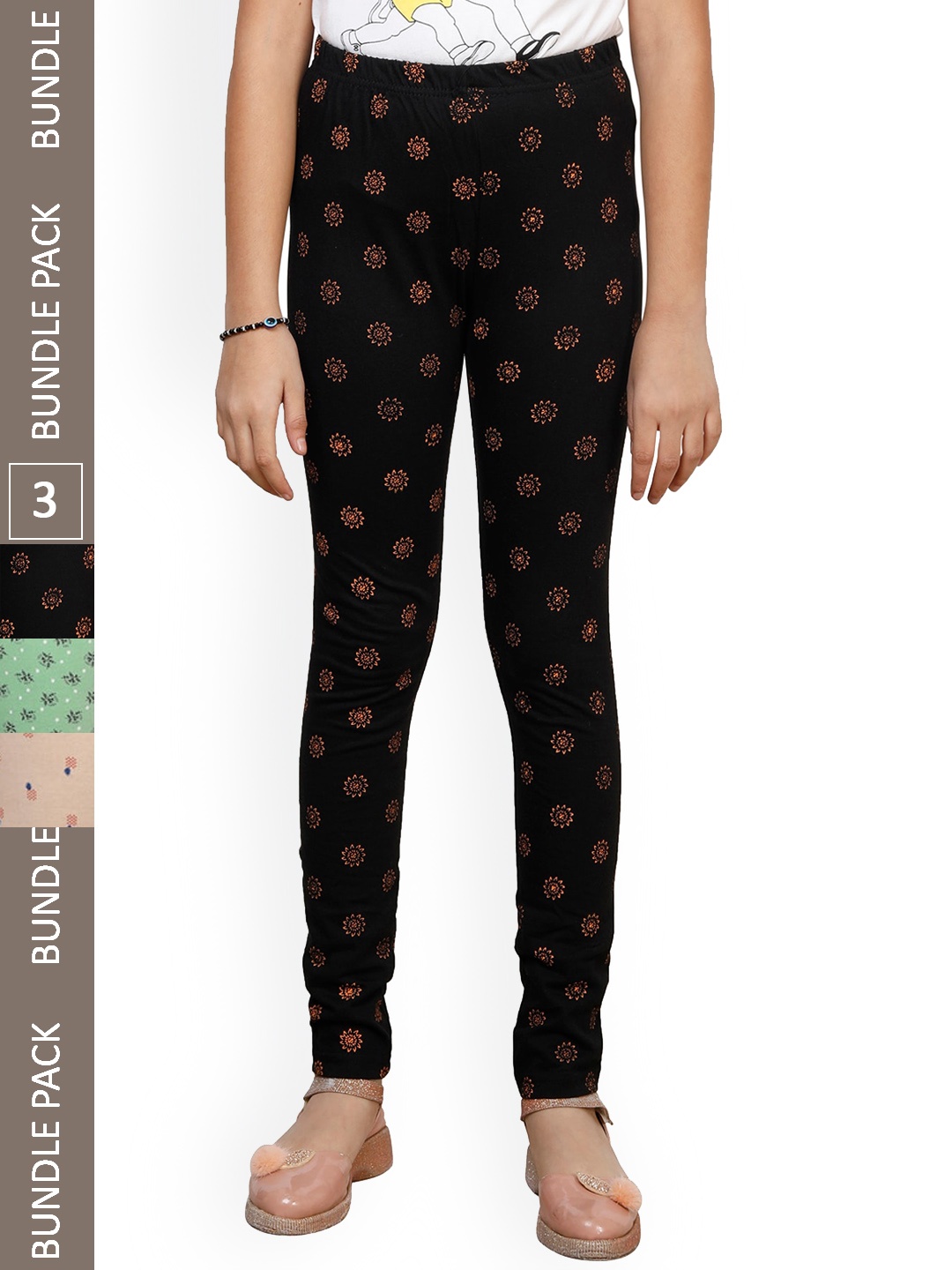

IndiWeaves Girls Pack of 3 Pure Cotton Printed Ankle-LengthLeggings, Black