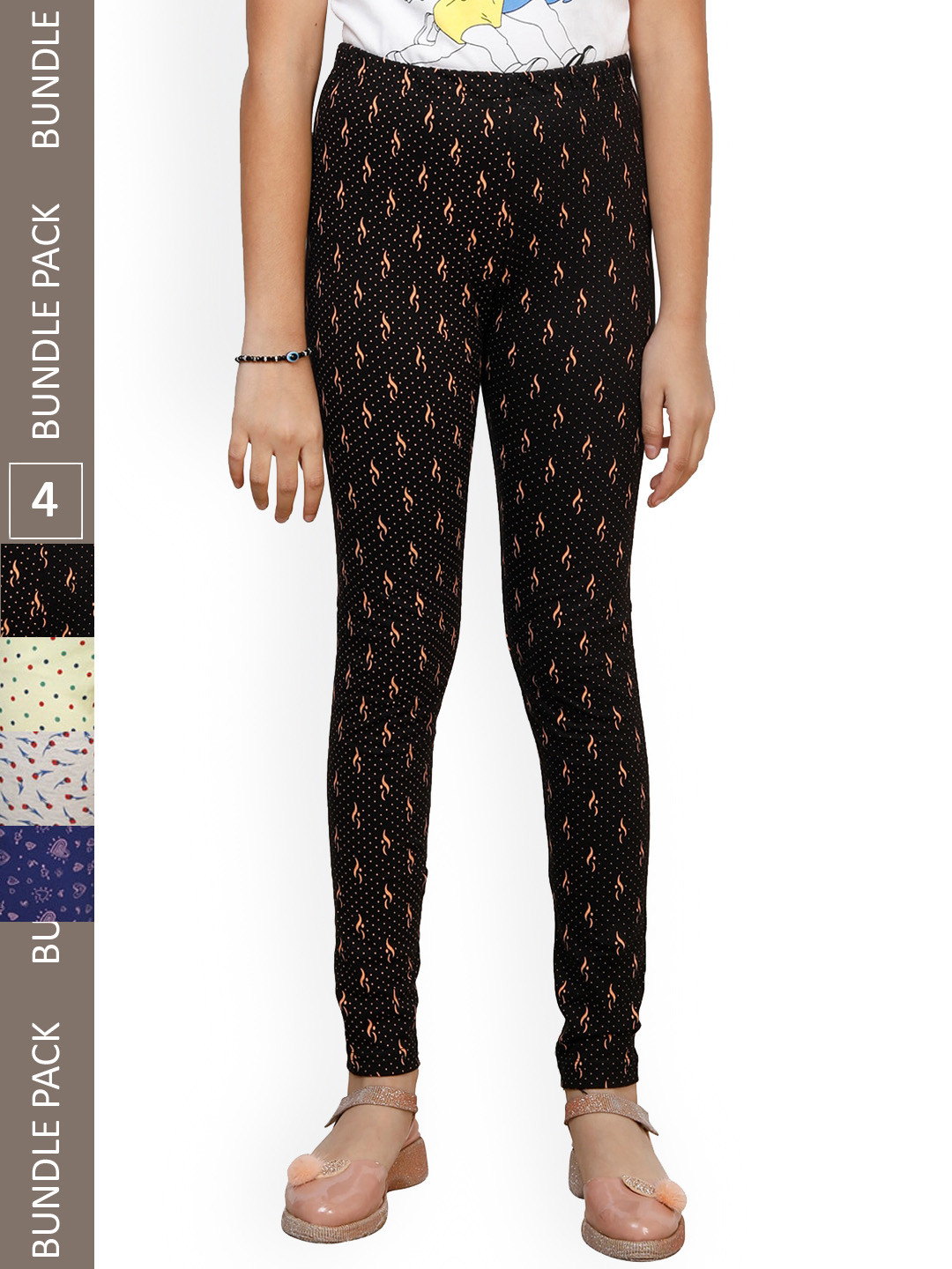 

IndiWeaves Girls Pack Of 4 Pure Cotton Allover Printed Ankle Length Leggings, Black