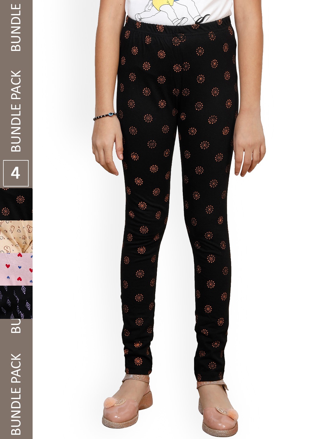 

IndiWeaves Girls Pack Of 4 Printed Cotton Leggings, Black