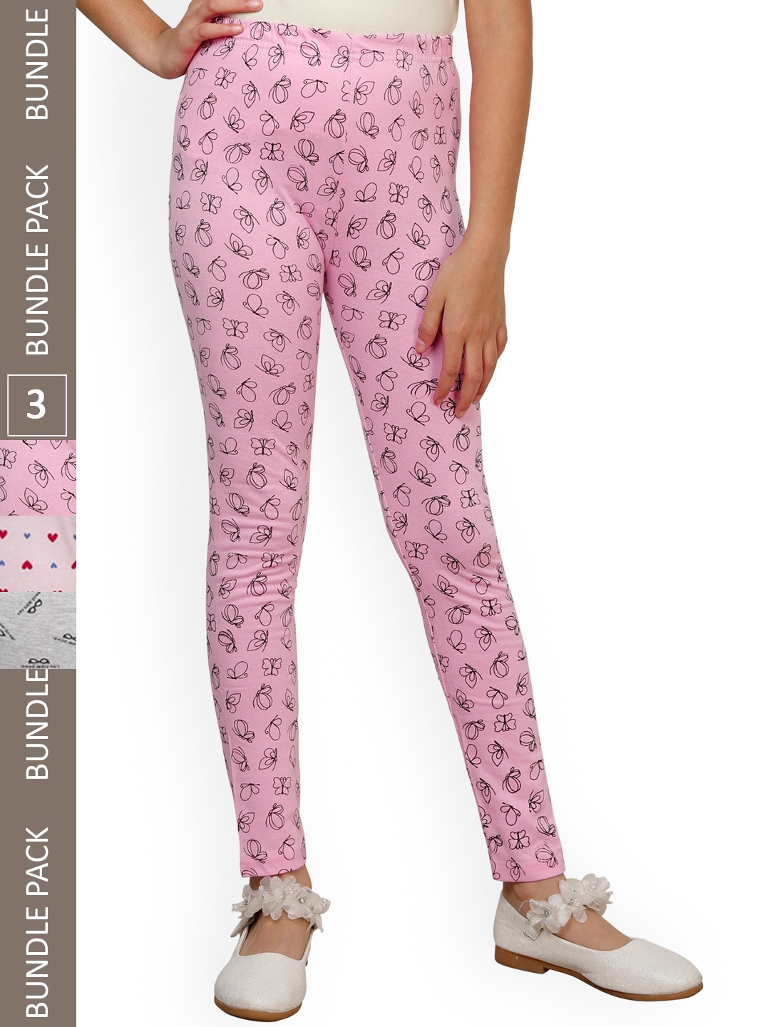 

IndiWeaves Girls Pack Of 3 Printed Pure Cotton Ankle-Length Leggings, Pink
