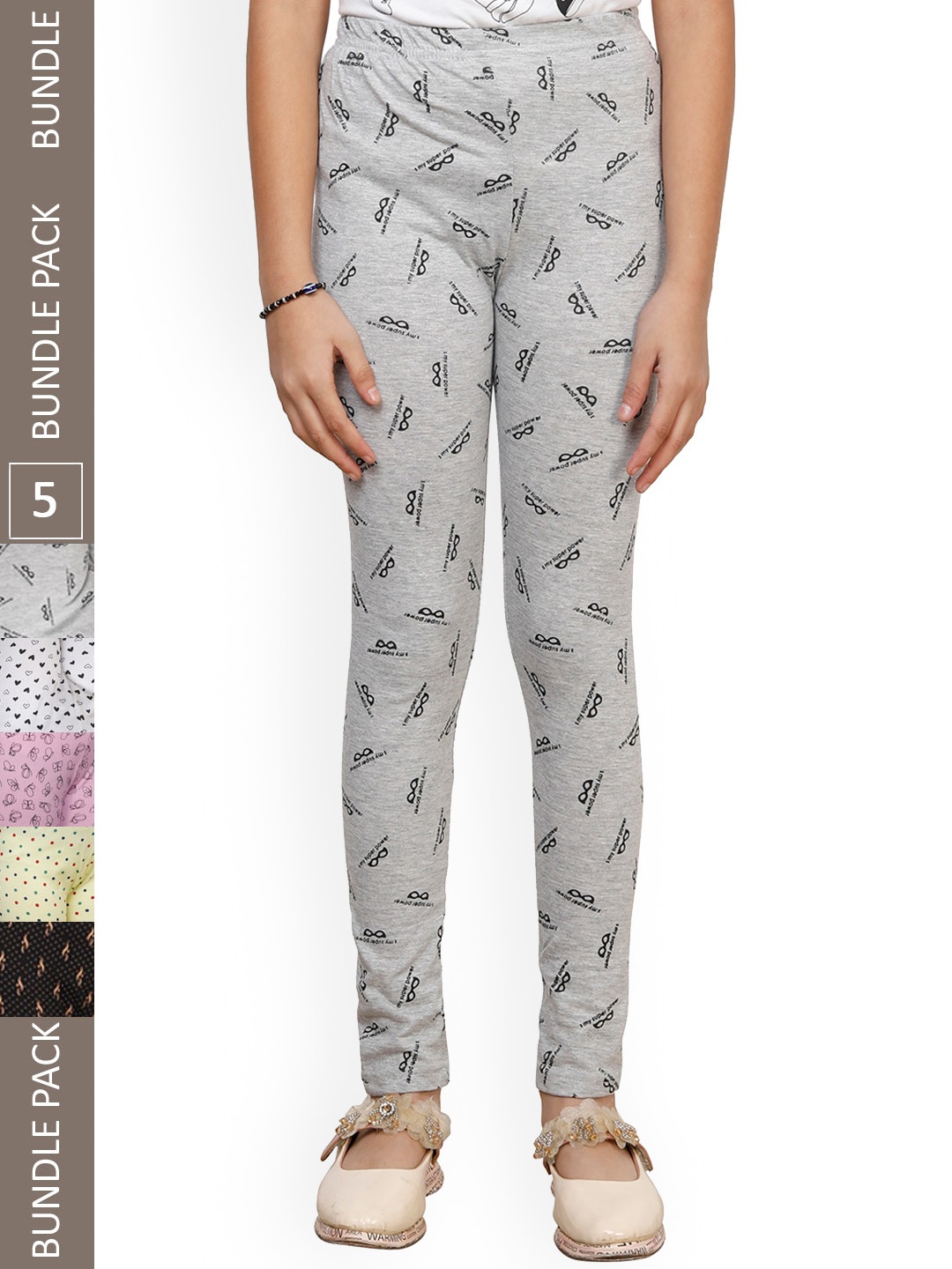 

IndiWeaves Girls Pack Of 5 Printed Pure Cotton Leggings, Grey