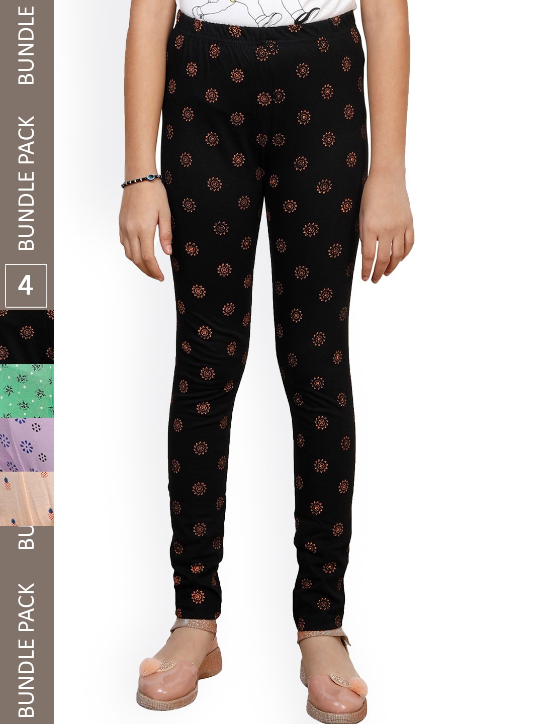

IndiWeaves Girls Pack Of 4 Printed Pure Cotton Ankle Length Leggings, Black
