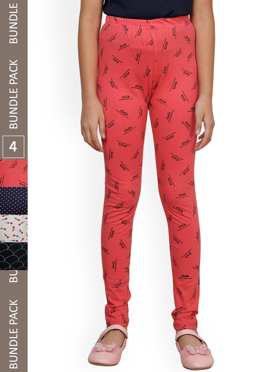 

IndiWeaves Girls Pack Of 4 Printed Pure Cotton Ankle Length Leggings, Red