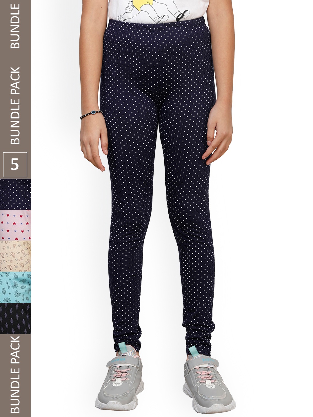 

IndiWeaves Girls Pack Of 5 Printed Pure Cotton Ankle Length Leggings, Navy blue
