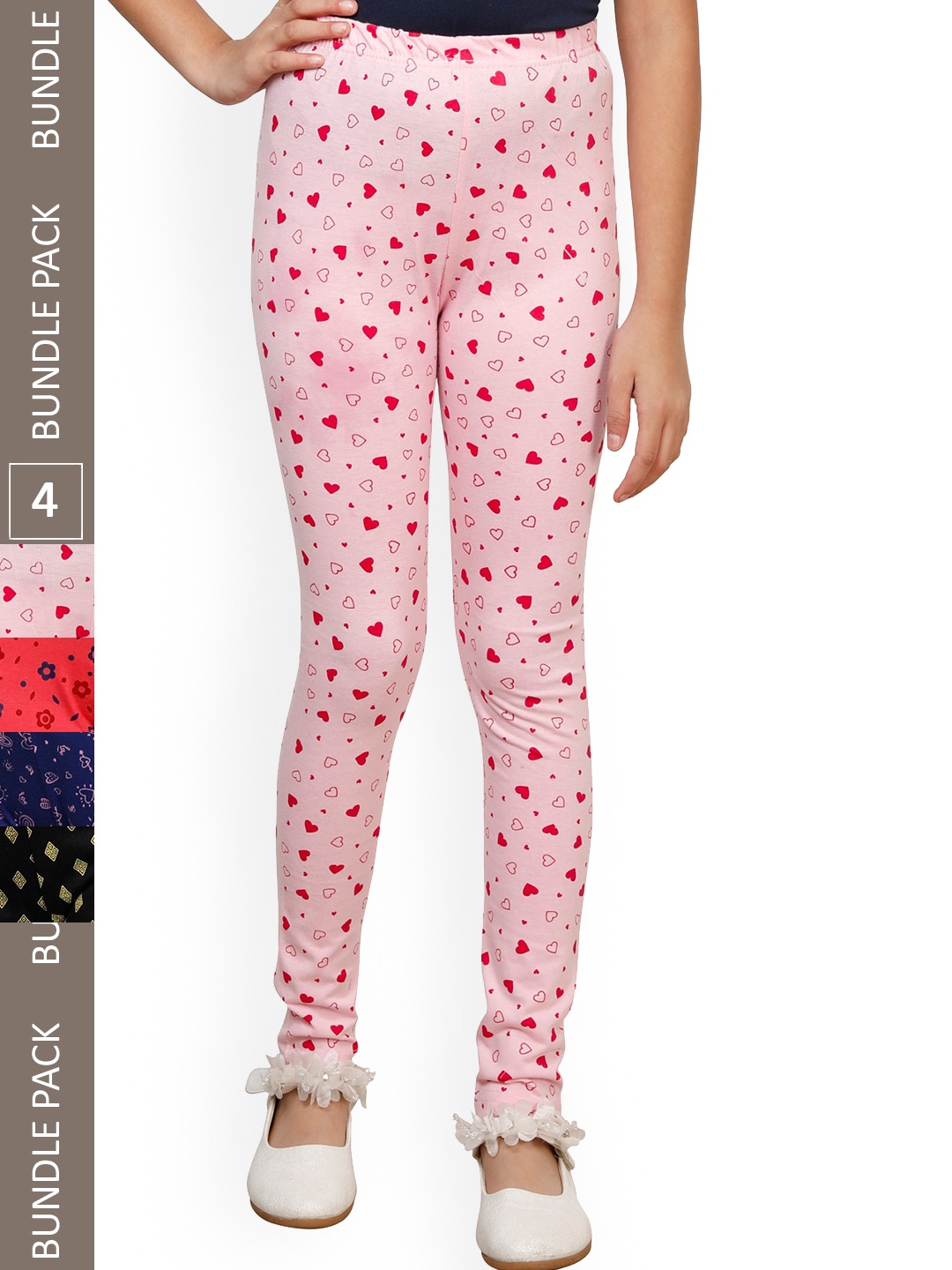 

IndiWeaves Girls Pack Of 4 Printed Pure Cotton Ankle Length Leggings, Pink