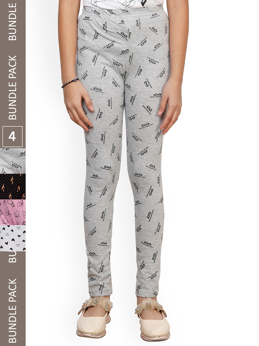 

IndiWeaves Girls Pack Of 4 Printed Pure Cotton Ankle Length Leggings, Grey