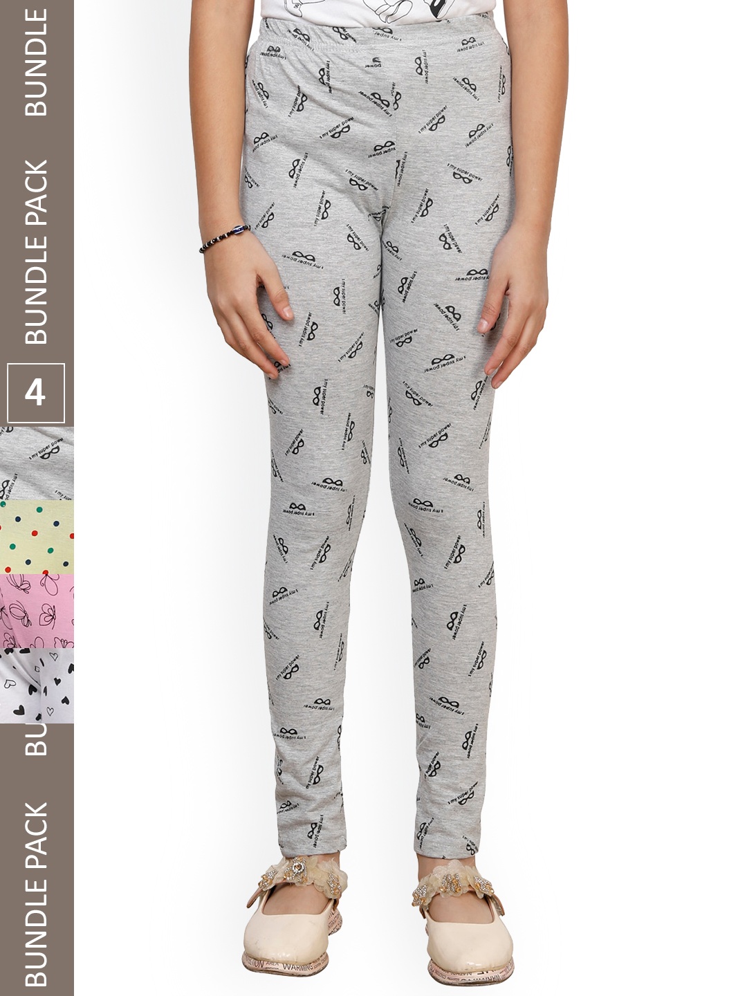 

IndiWeaves Girls Pack Of 4 Printed Pure Cotton Ankle Length Leggings, Grey