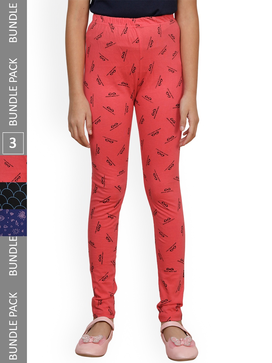 

IndiWeaves Girls Pack of 3 Printed Super Soft Pure Cotton Ankle-Length Leggings, Red