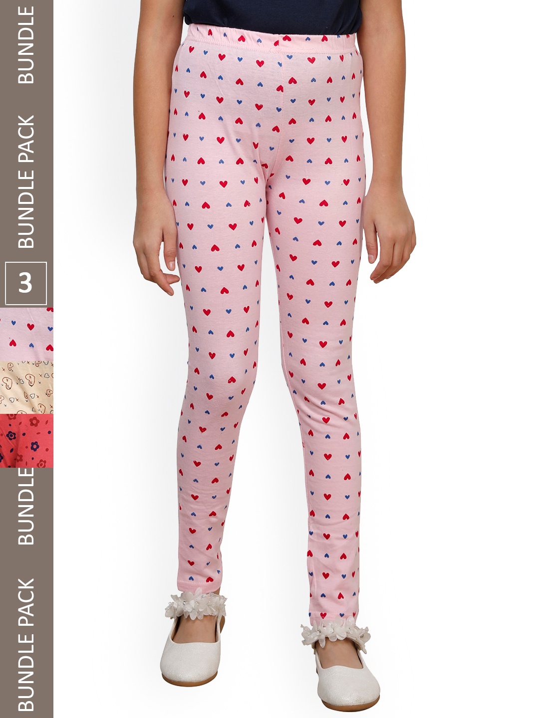

IndiWeaves Girls Pack of 3 Printed Super Soft Pure Cotton Ankle-Length Leggings, Pink