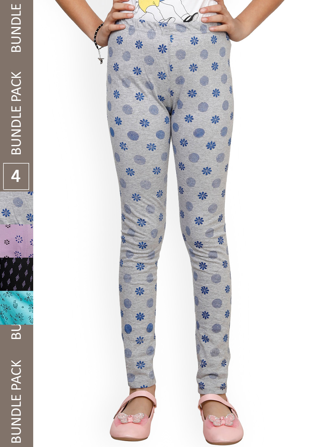 

IndiWeaves Girls Pack of 4 Printed Super Soft Pure Cotton Ankle-Length Leggings, Grey
