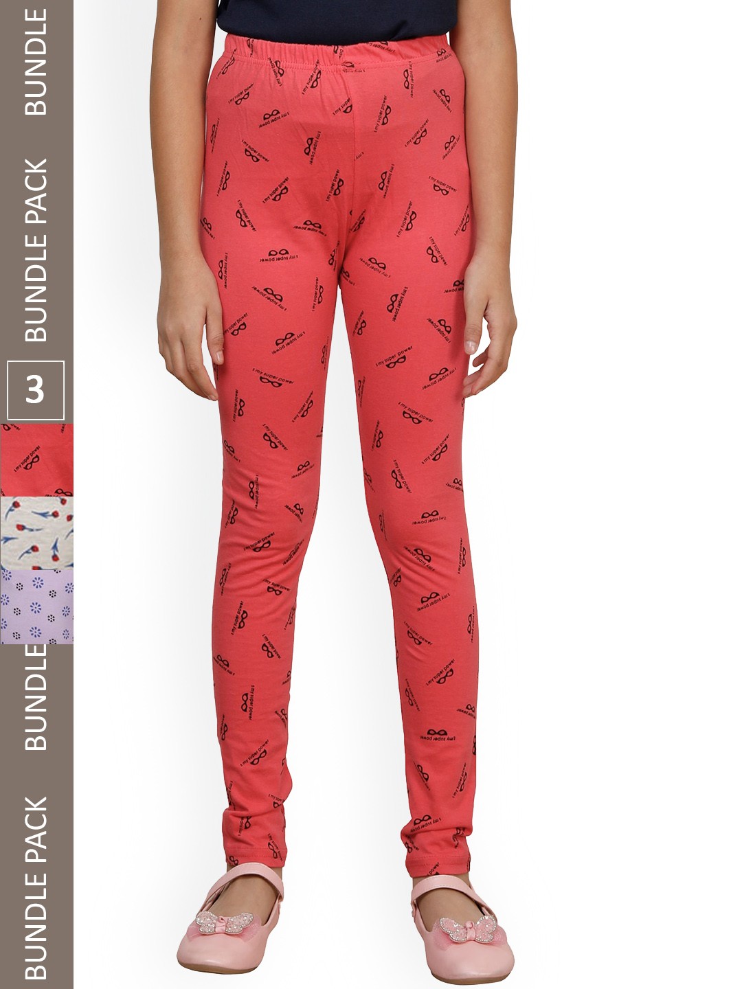 

IndiWeaves Girls Pack of 3 Printed Super Soft Pure Cotton Ankle-Length Leggings, Red