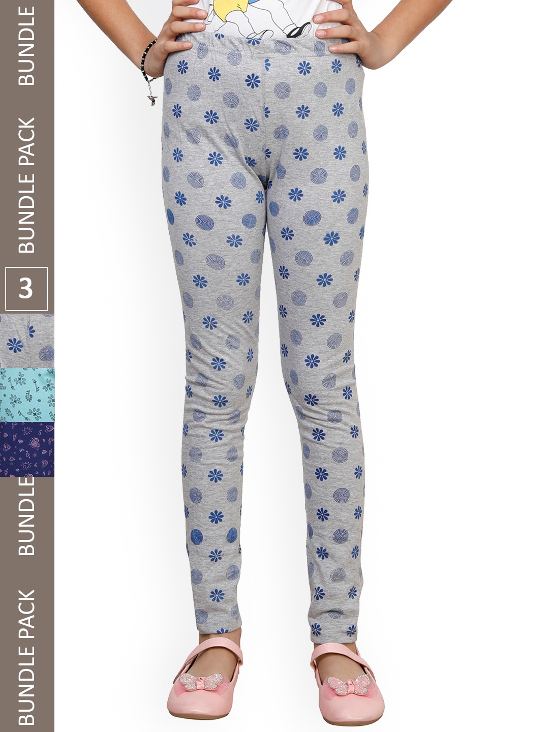 

IndiWeaves Girls Pack of 3 Printed Pure Cotton Ankle Length Leggings, Grey