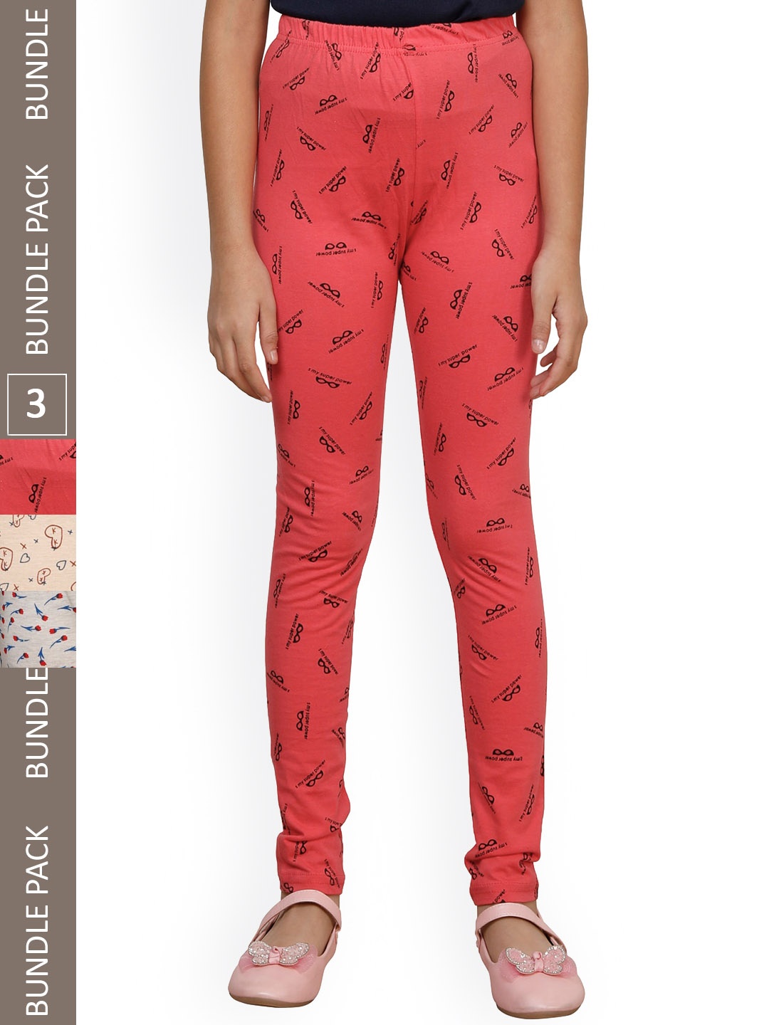 

IndiWeaves Girls Pack Of 3 Printed Ankle-Length Pure Cotton Leggings, Red
