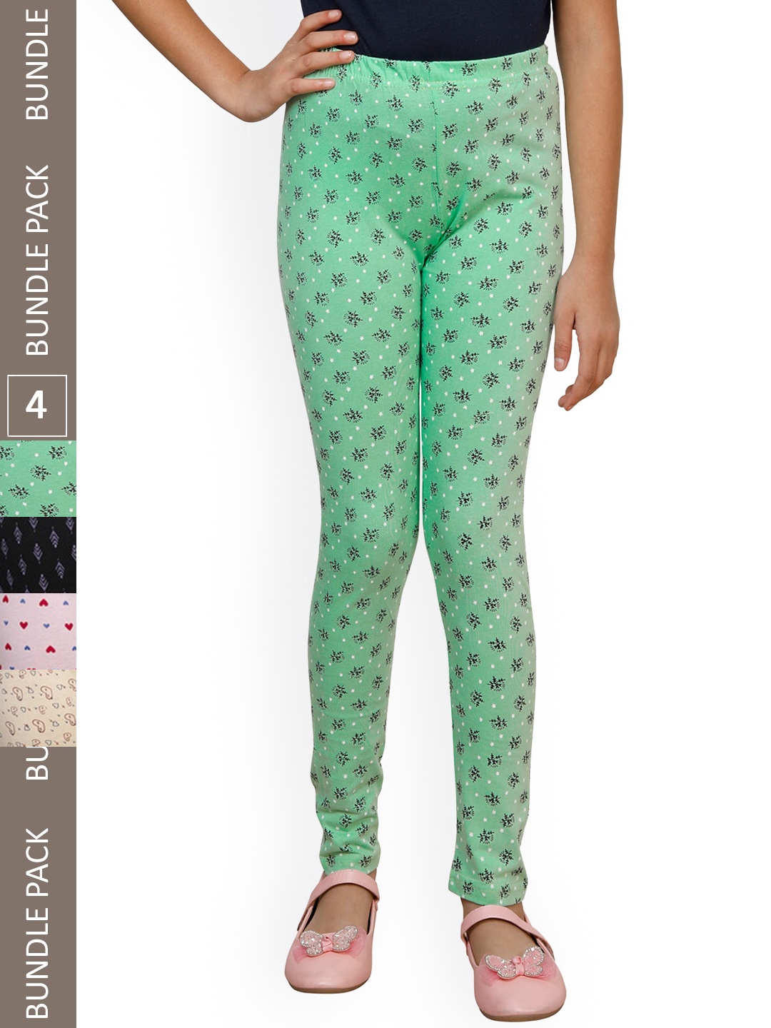 

IndiWeaves Girls Pack of 4 Printed Super Soft Pure Cotton Ankle-Length Leggings, Green
