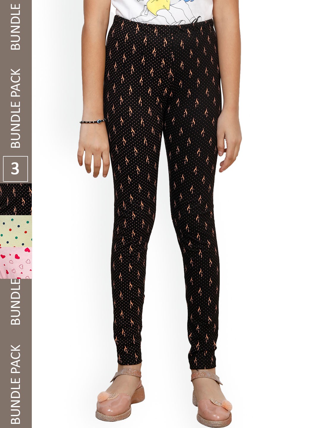 

IndiWeaves Girls Pack of 3 Printed Super Soft Pure Cotton Ankle-Length Leggings, Black