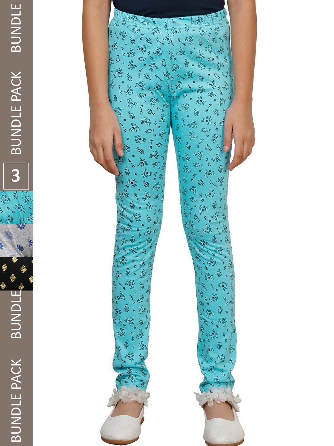 

IndiWeaves Girls Pack Of 3 Printed Pure Cotton Ankle Length Leggings, Blue