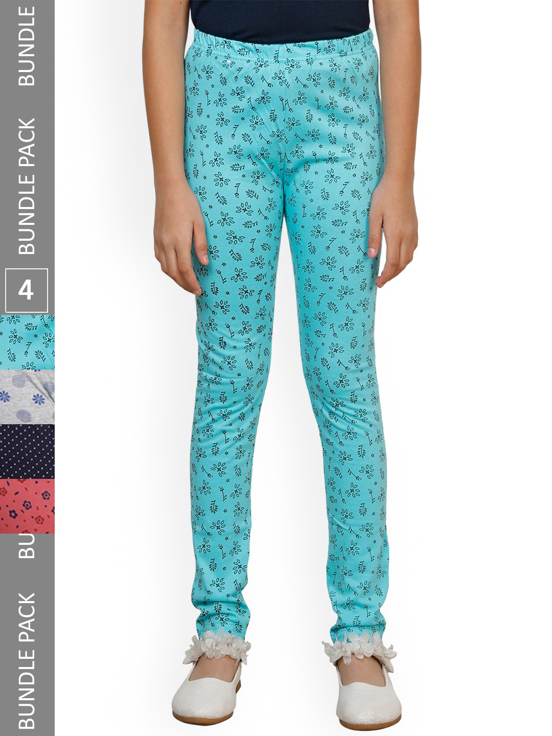 

IndiWeaves Girls Pack Of 4 Printed Pure Cotton Ankle Length Leggings, Blue