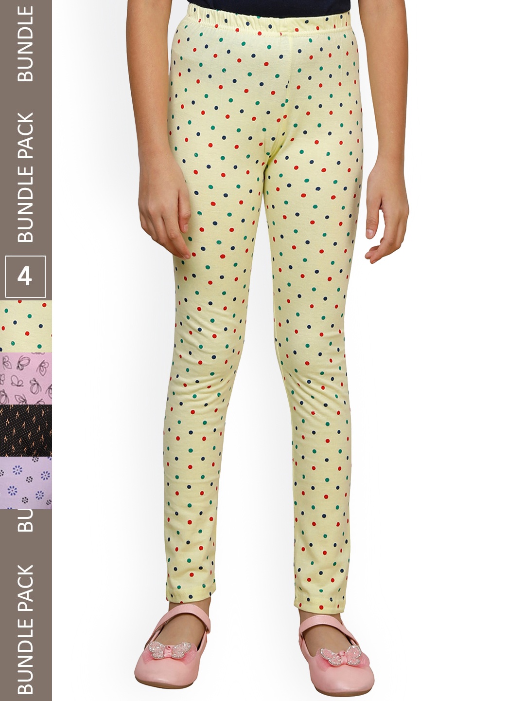 

IndiWeaves Girls Pack Of 4 Printed Pure Cotton Ankle Length Leggings, Yellow