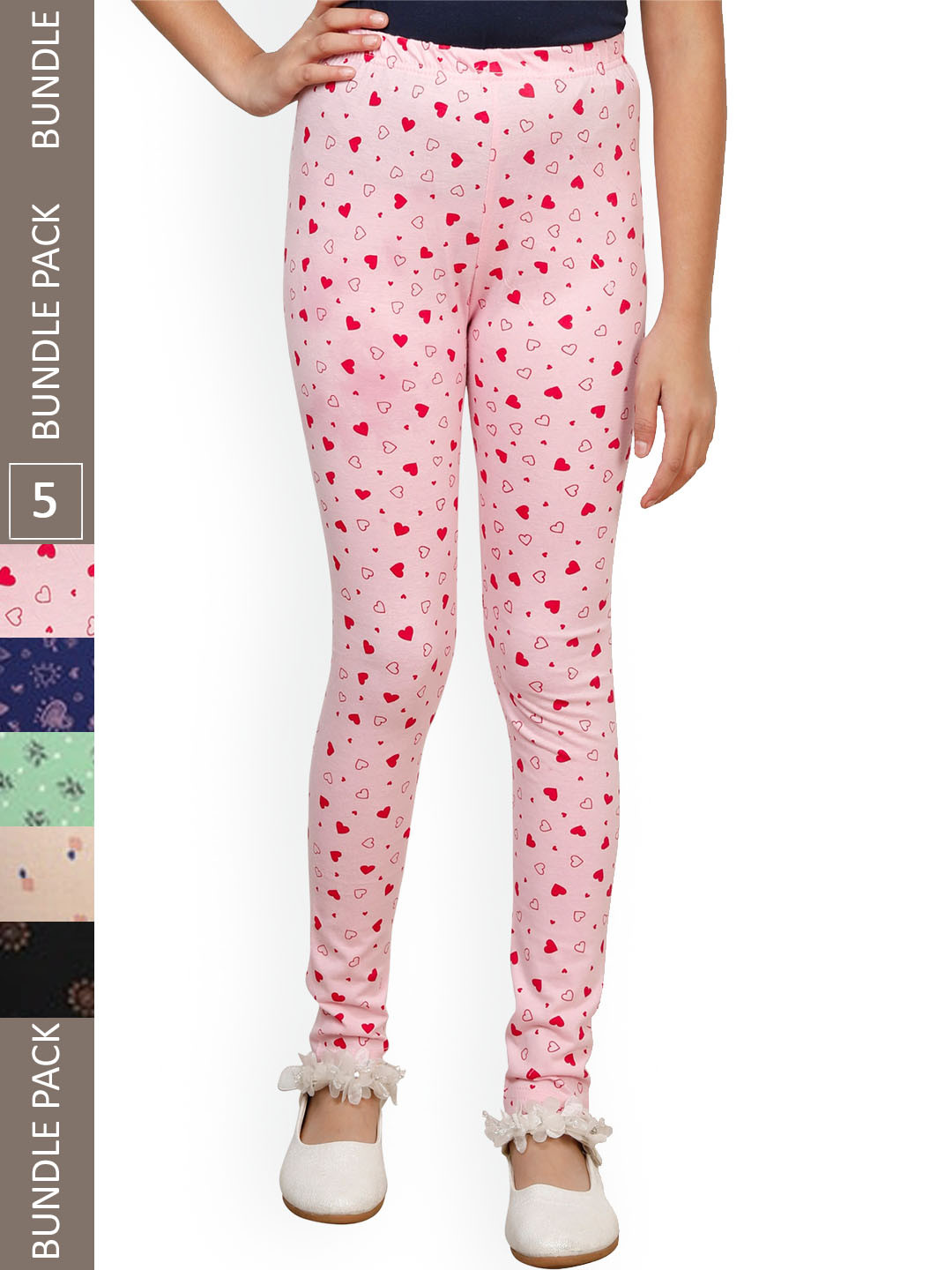 

IndiWeaves Girls Pack Of 5 Printed Pure Cotton Ankle-Length Super Soft Leggings, Pink