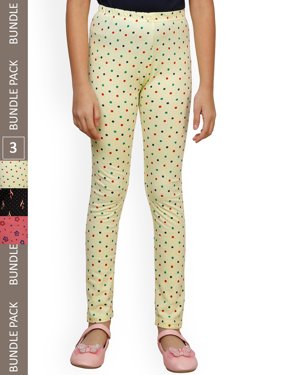 

IndiWeaves Girls Pack Of 3 Printed Pure Cotton Ankle Length Leggings, Yellow