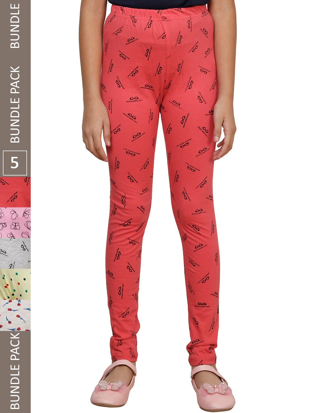 

IndiWeaves Girls Pack Of 5 Printed Pure Cotton Ankle Length Leggings, Coral
