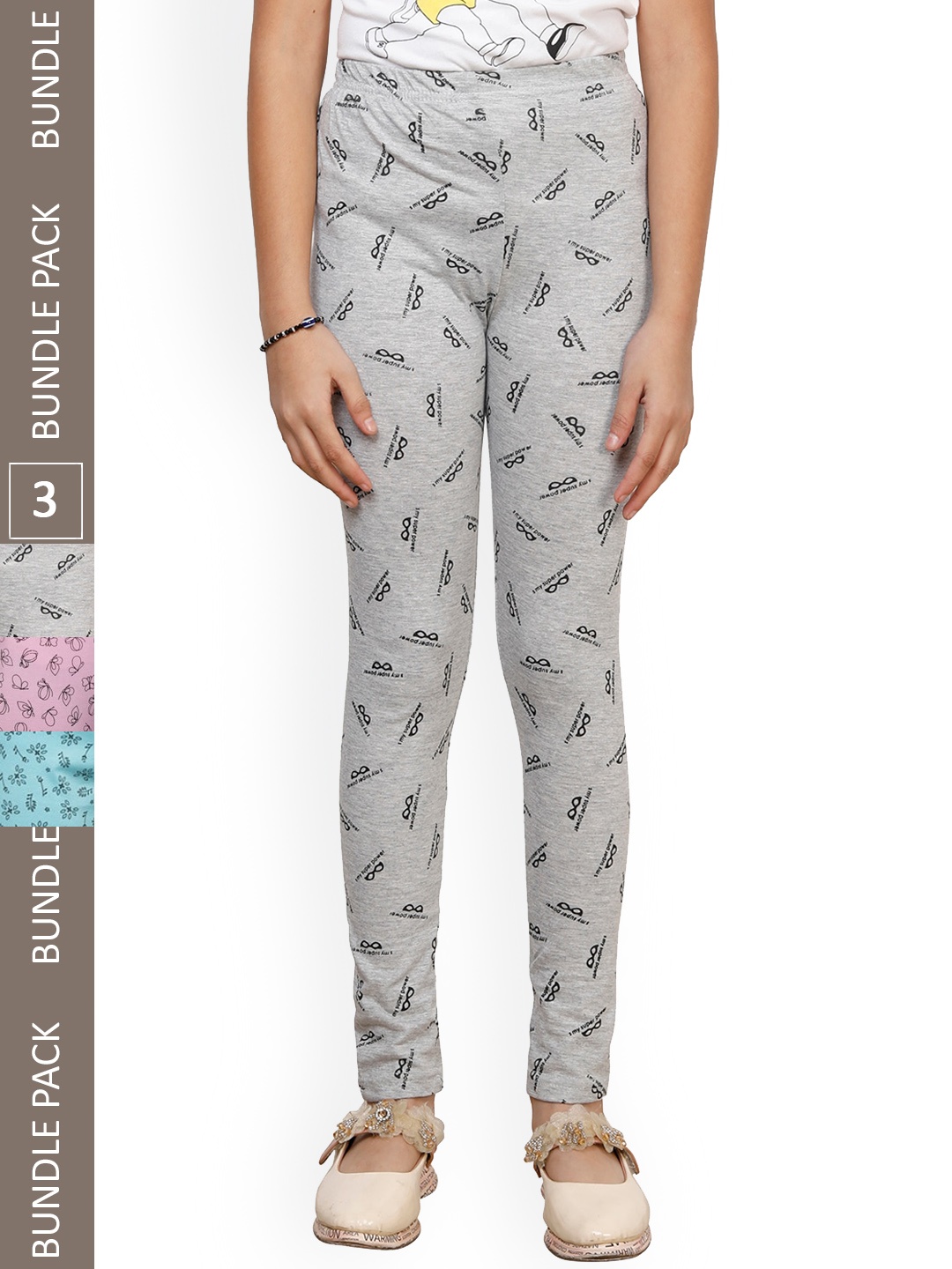 

IndiWeaves Girls Pack Of 3 Pure Cotton Printed Ankle Length Leggings, Grey