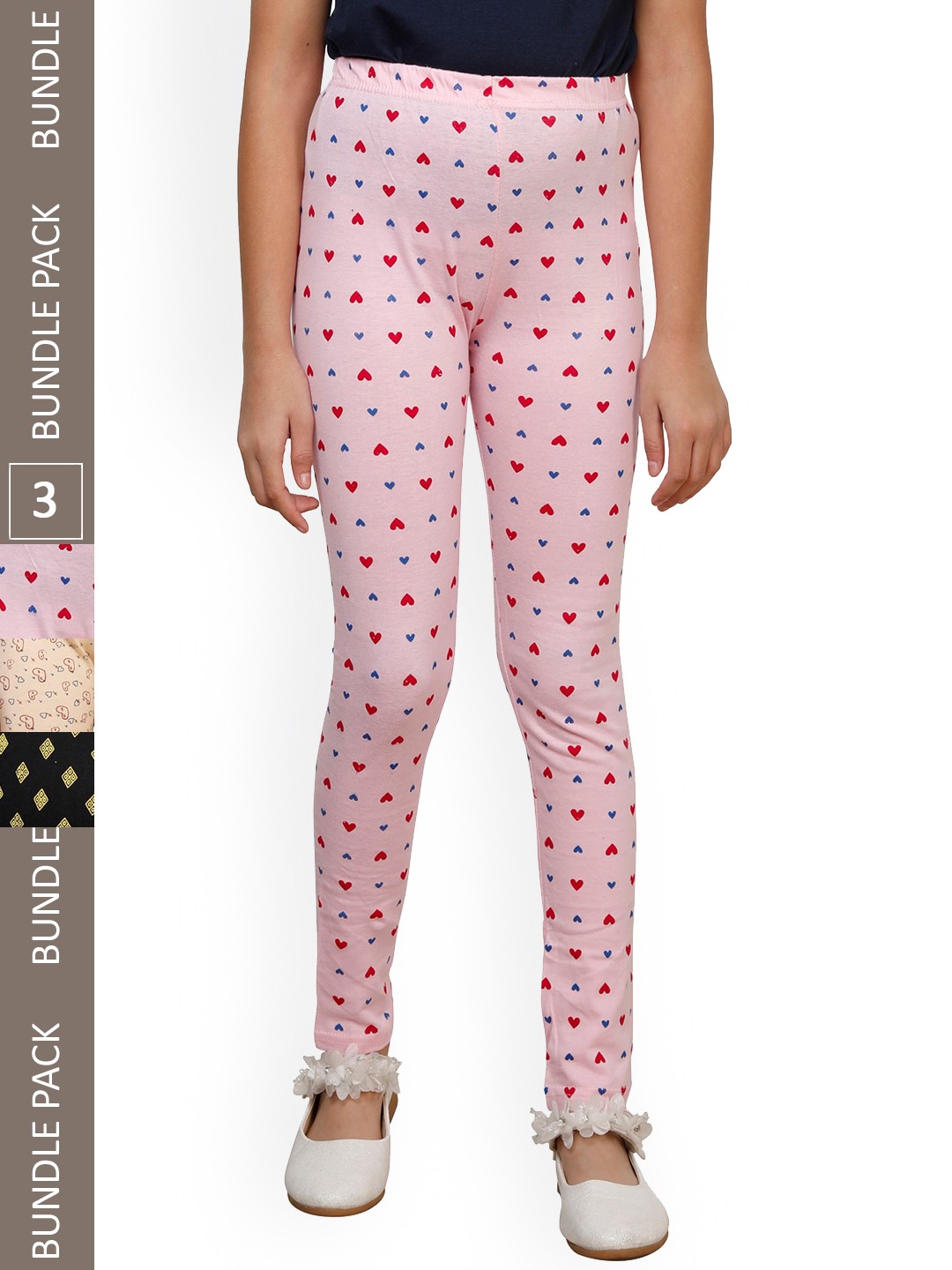 

IndiWeaves Girls Pack Of 3 Printed Pure Cotton Ankle Length Leggings, Pink