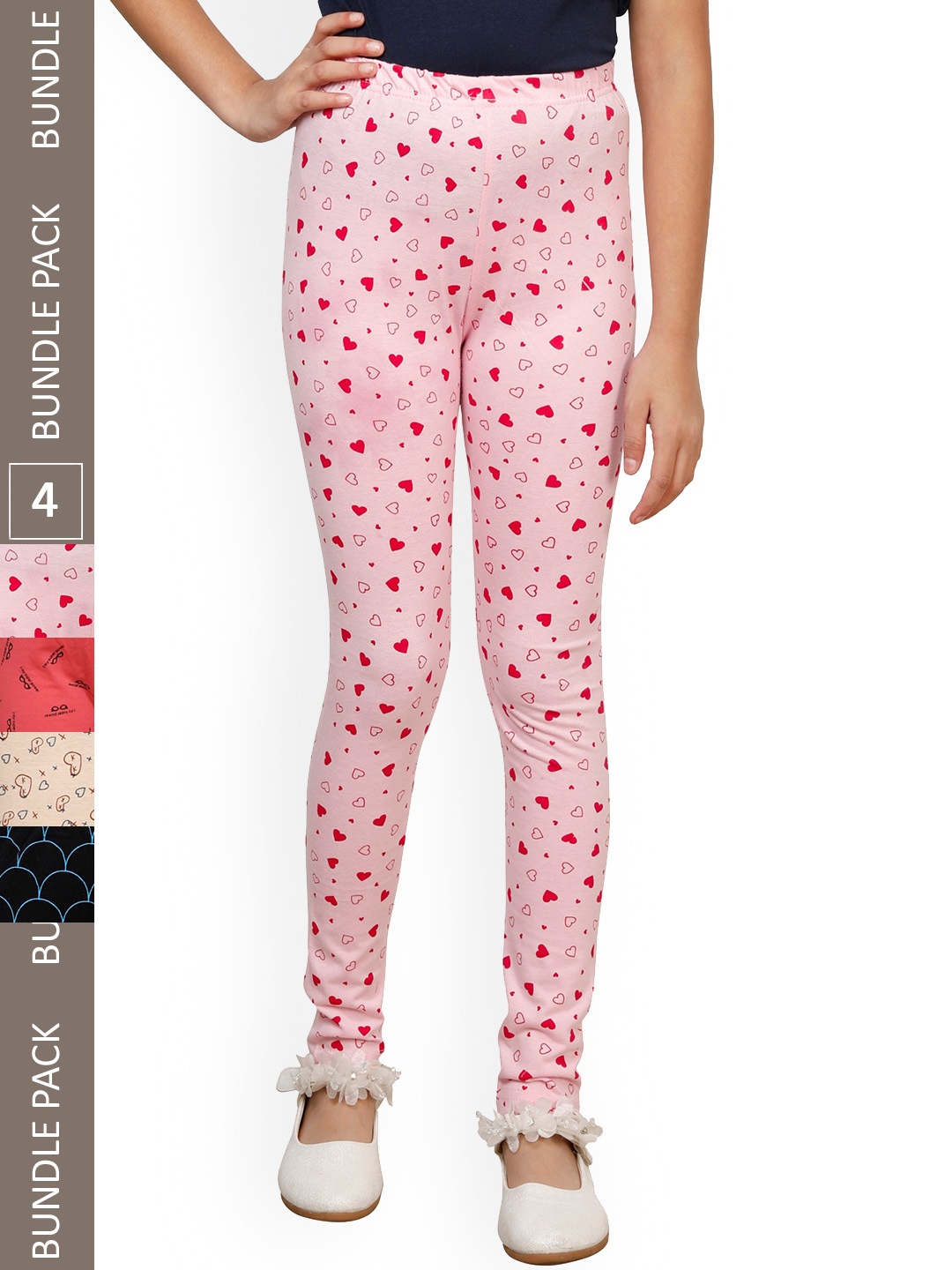 

IndiWeaves Girls Pack Of 4 Printed Pure Cotton Ankle Length Leggings, Pink