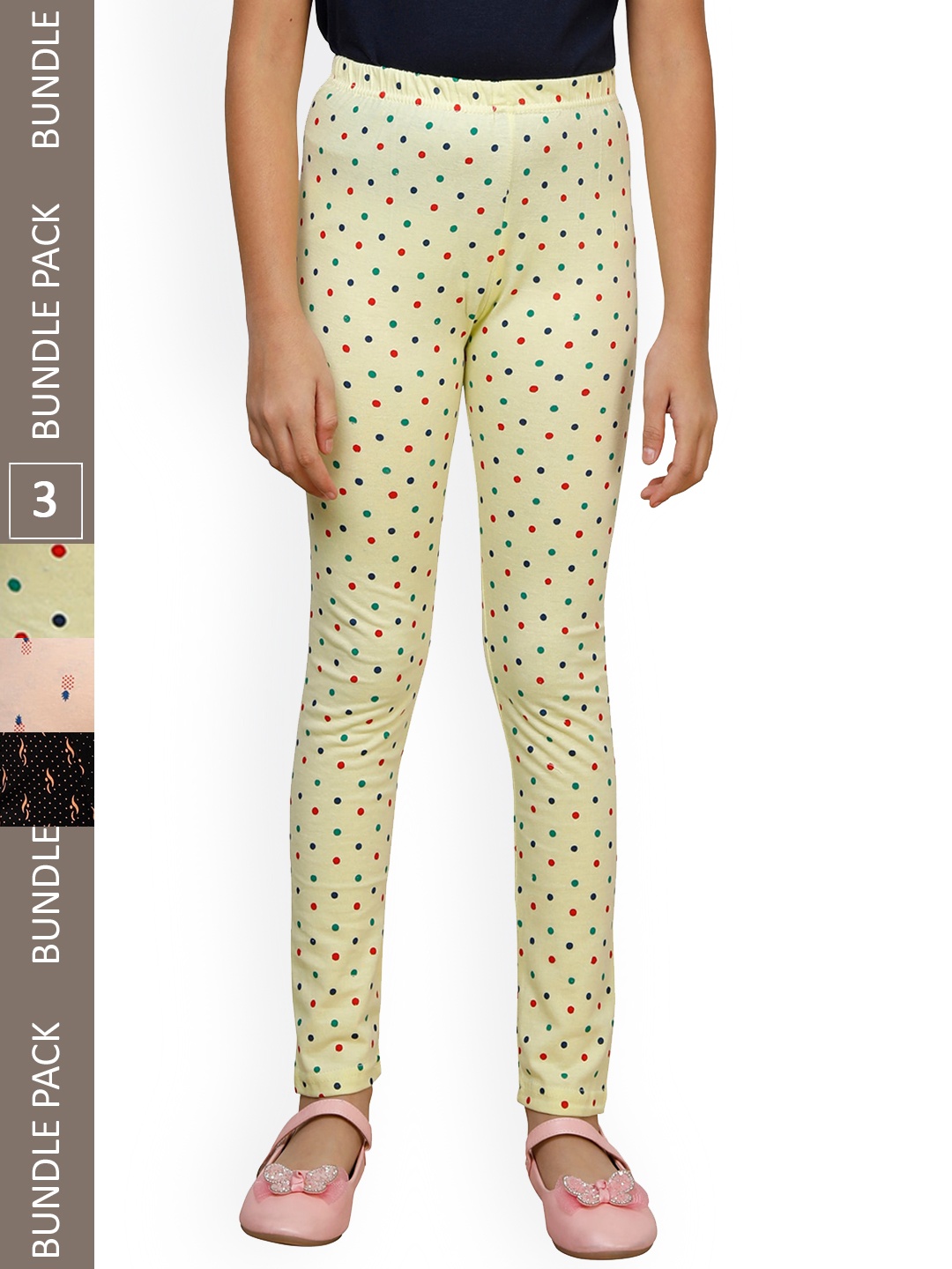 

IndiWeaves Girls Pack Of 3 Printed Pure Cotton Ankle Length Leggings, Yellow