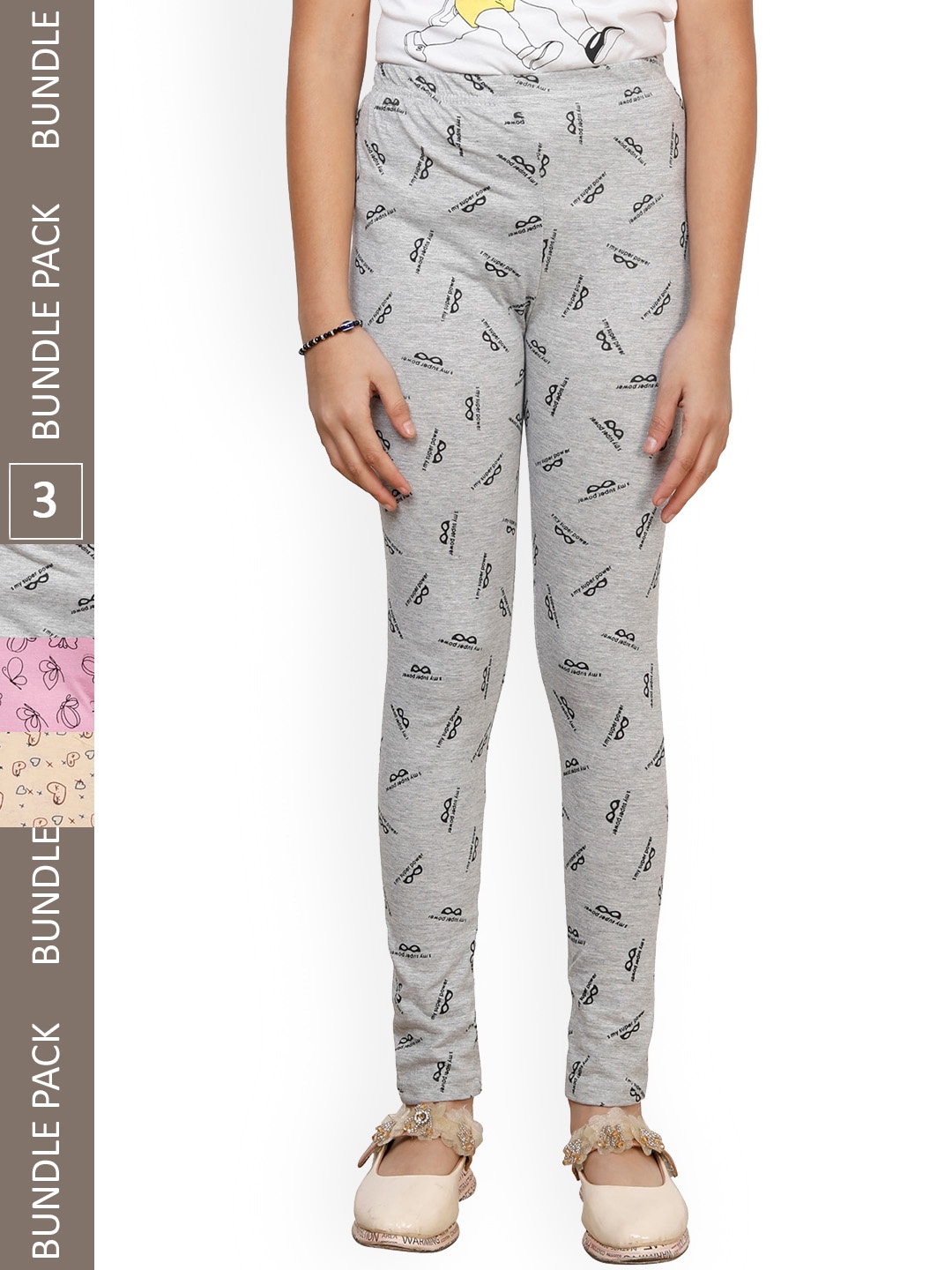 

IndiWeaves Girls Pack Of 3 Printed Pure Cotton Ankle-Length Leggings, Grey