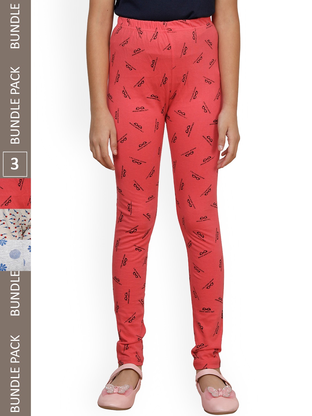 

IndiWeaves Girls Pack Of 3 Printed Pure Cotton Ankle Length Leggings, Red