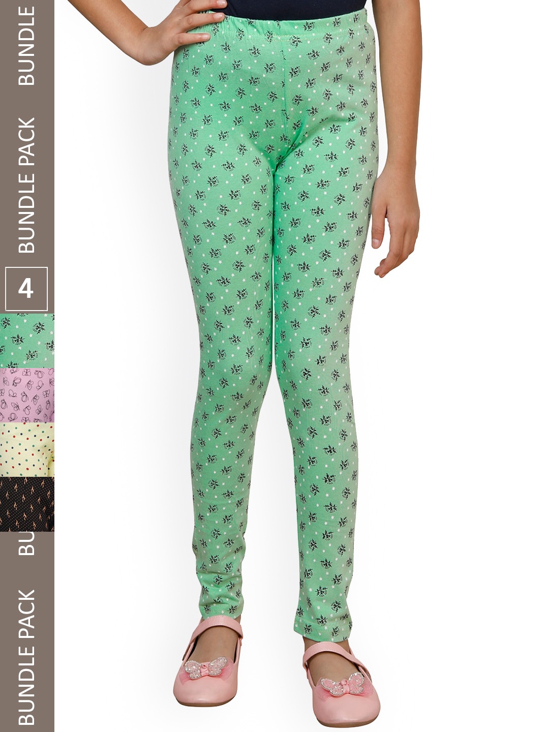 

IndiWeaves Girls Pack Of 4 Printed Pure Cotton Ankle Length Leggings, Green