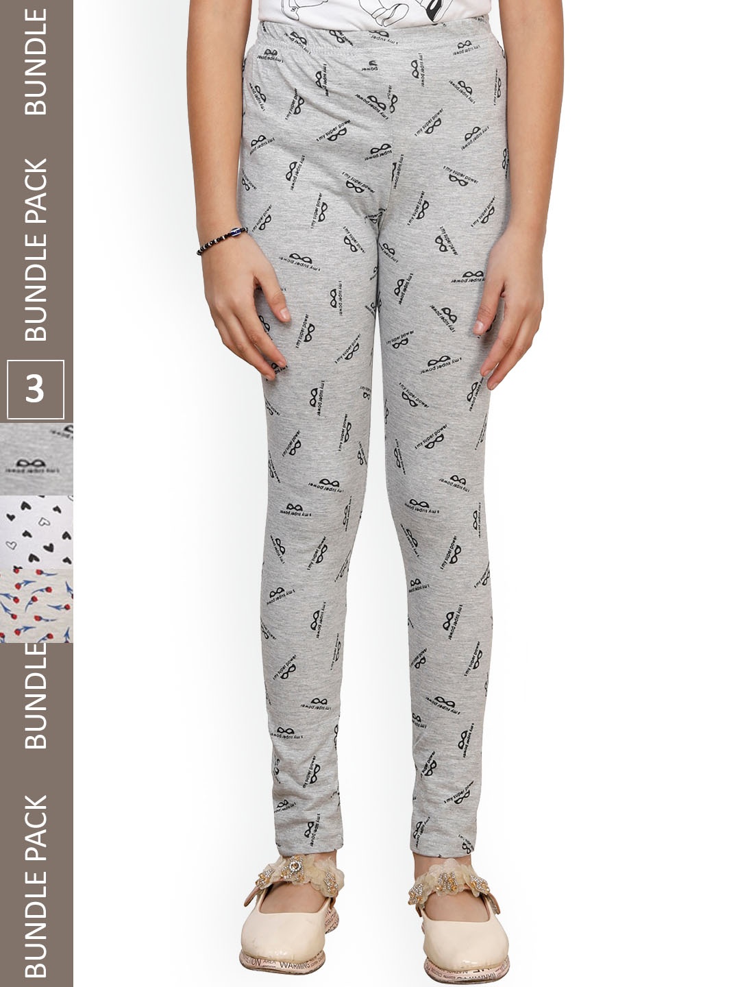 

IndiWeaves Girls Pack Of 3 Printed Pure Cotton Ankle Length Leggings, Grey
