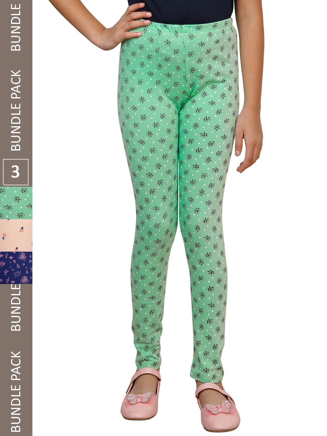 

IndiWeaves Girls Pack Of 3 Printed Super Soft Pure Cotton Leggings, Green