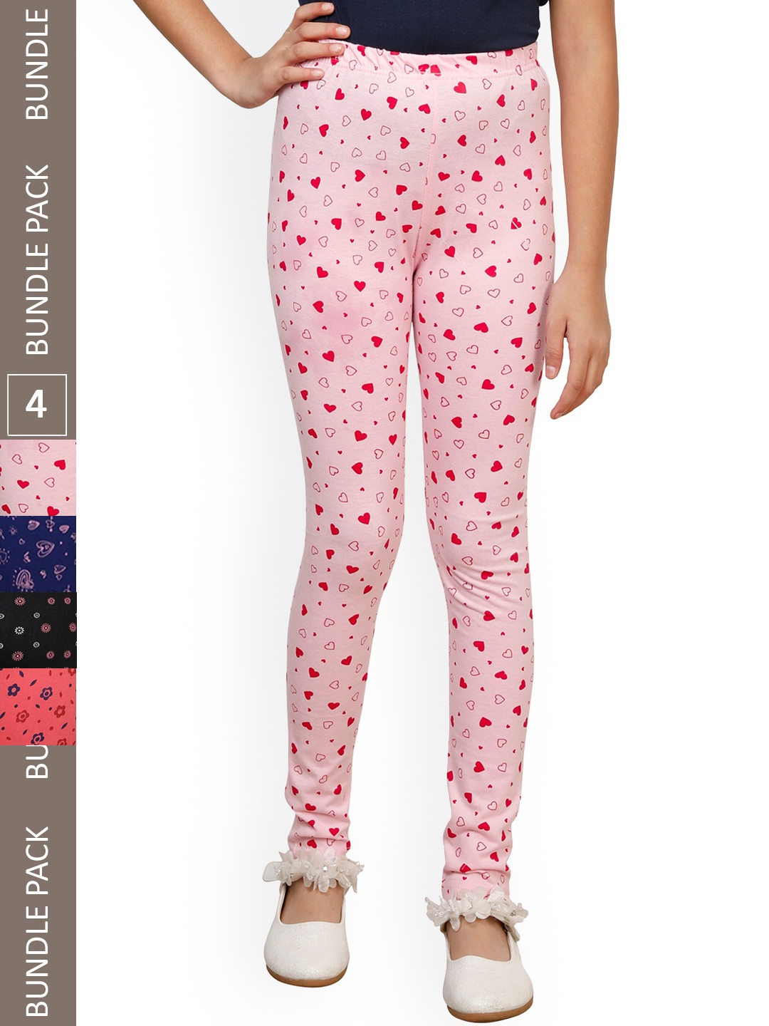 

IndiWeaves Girls Pack Of 4 Printed Pure Cotton Ankle Length Leggings, Pink