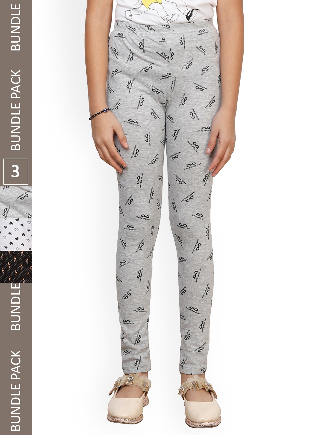 

IndiWeaves Girls Pack of 3 Printed Pure Cotton Ankle Length Leggings, Grey