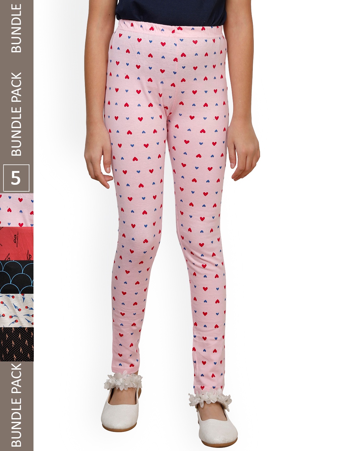 

IndiWeaves Girls Pack Of 5 Printed Pure Cotton Leggings, Pink