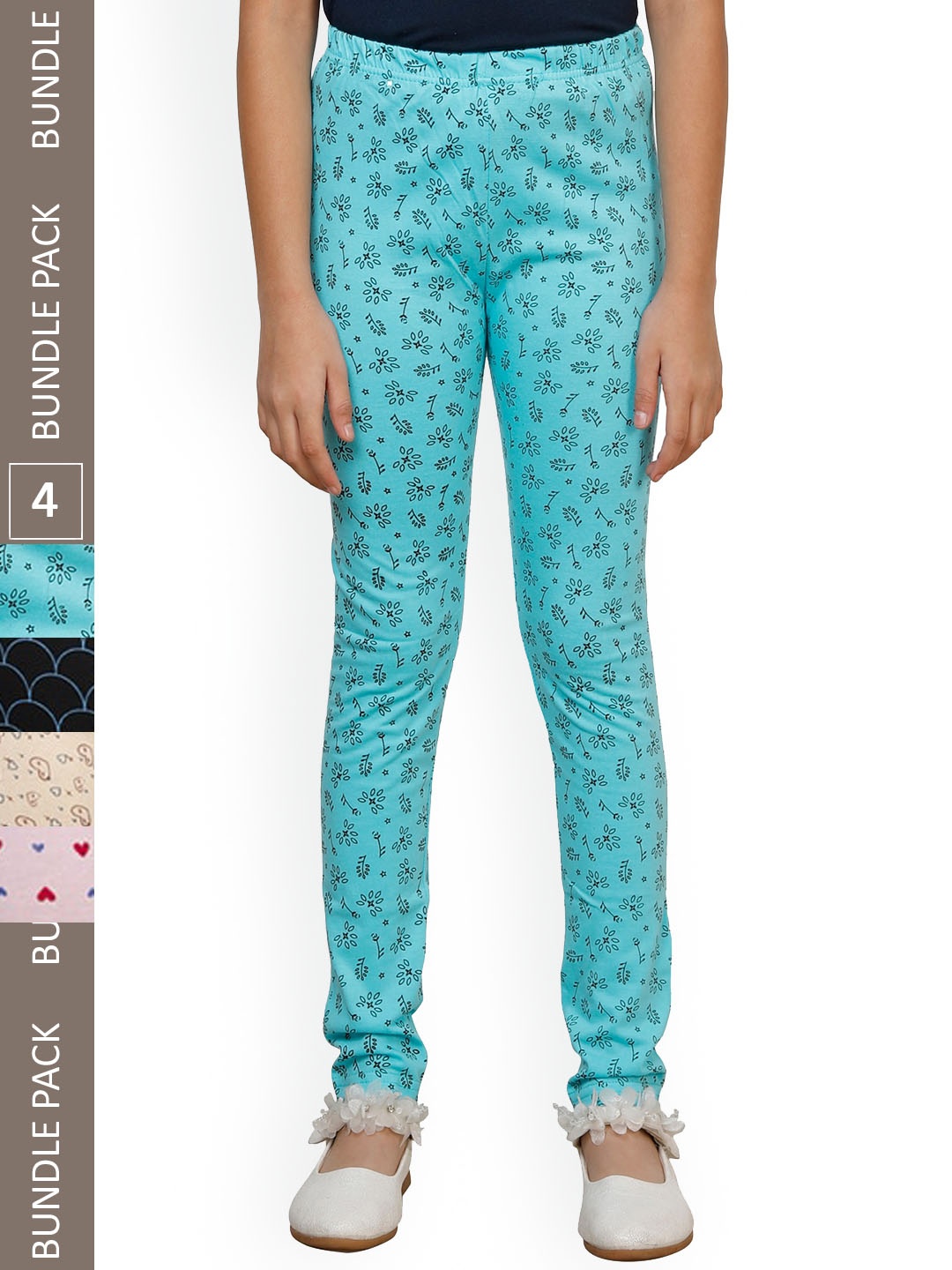 

IndiWeaves Girls Pack Of 4 Printed Pure Cotton Ankle Length Leggings, Blue