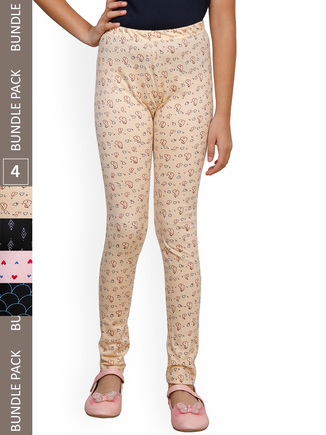

IndiWeaves Girls Pack Of 4 Printed Ankle-Length Pure Cotton Leggings, Beige