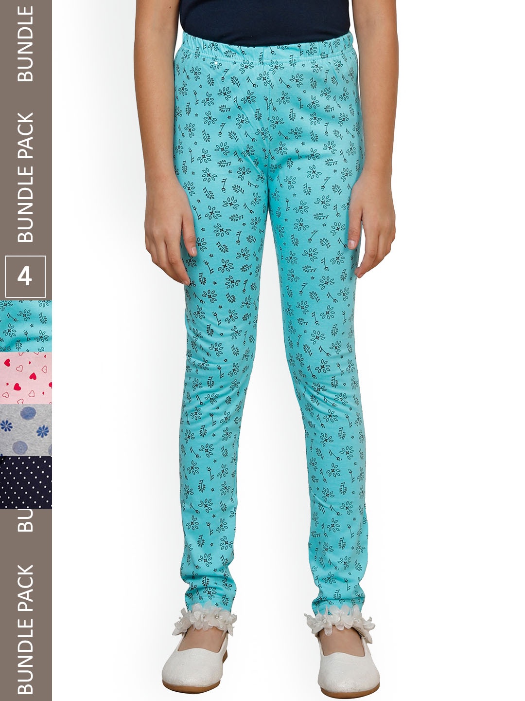 

IndiWeaves Girls Pack of 4 Pure Cotton Printed Ankle-Length Leggings, Blue