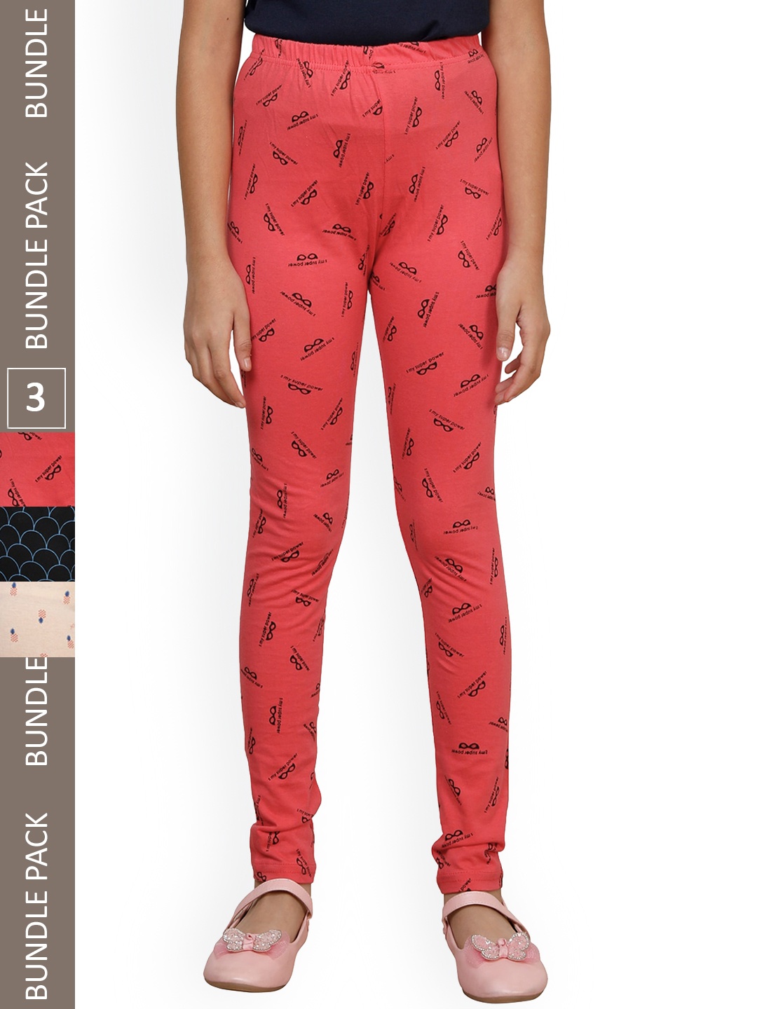 

IndiWeaves Girls Pack Of 3 Printed Pure Cotton Ankle Length Leggings, Red