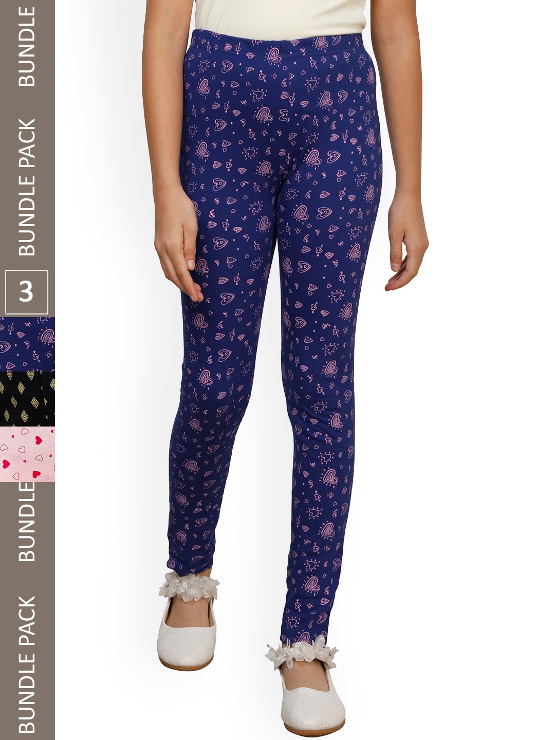 

IndiWeaves Girls Pack of 3 Printed Pure Cotton Ankle Length Leggings, Blue