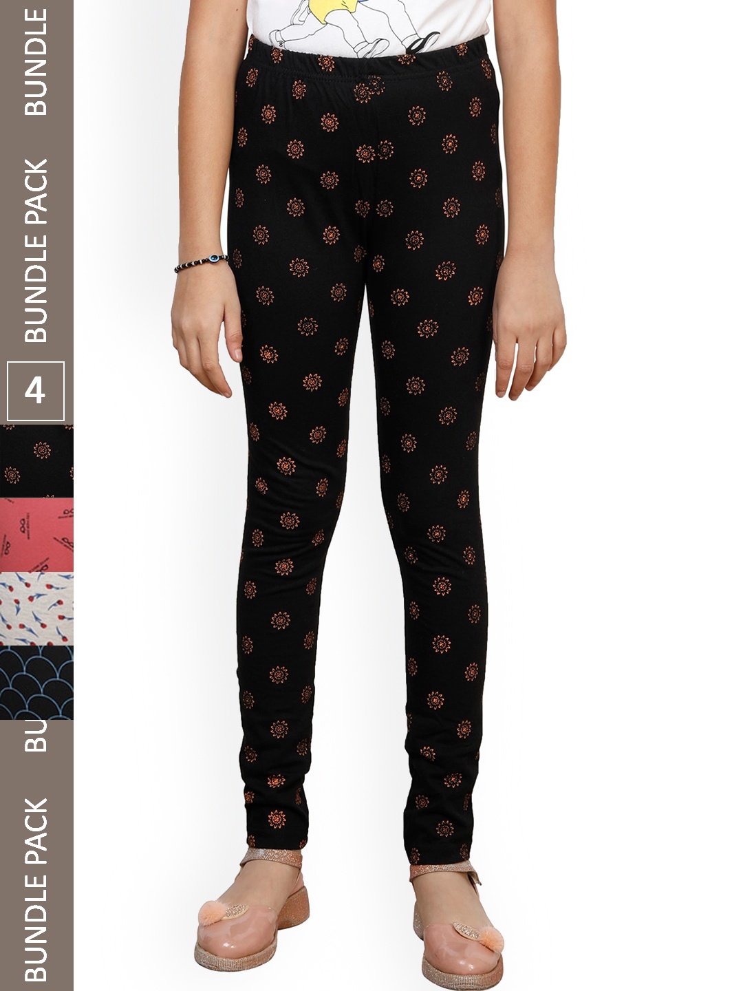 

IndiWeaves Girls Pack Of 4 Printed Pure Cotton Ankle Length Leggings, Black