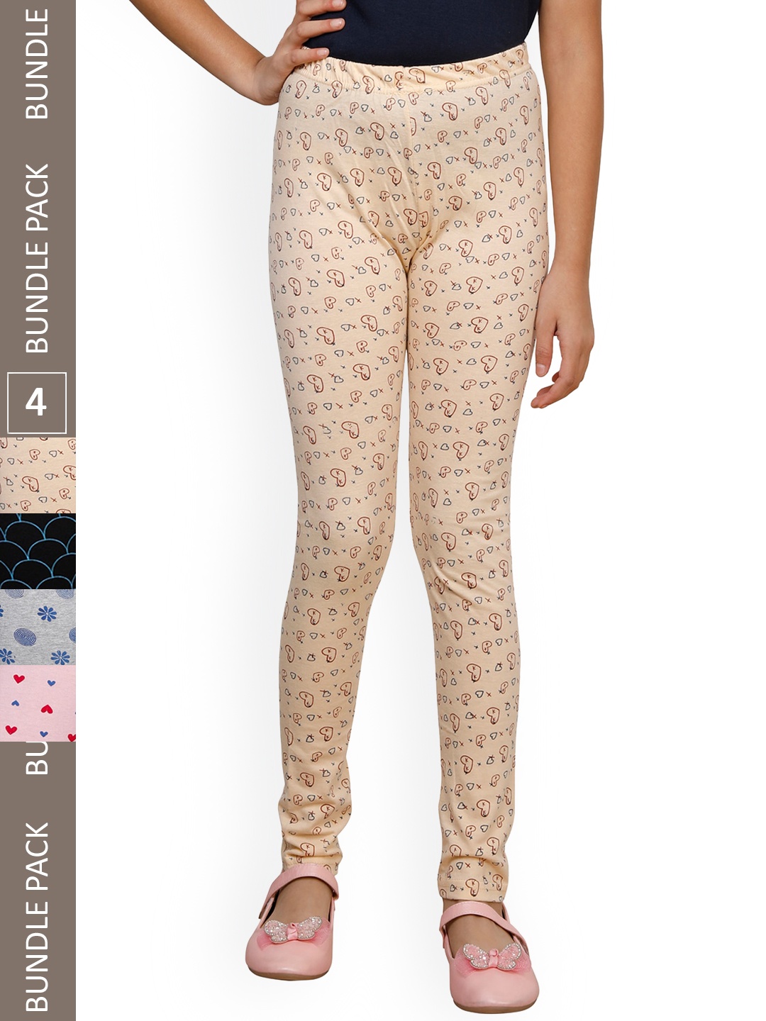 

IndiWeaves Girls Pack Of 4 Printed Pure Cotton Ankle Length Leggings, Cream