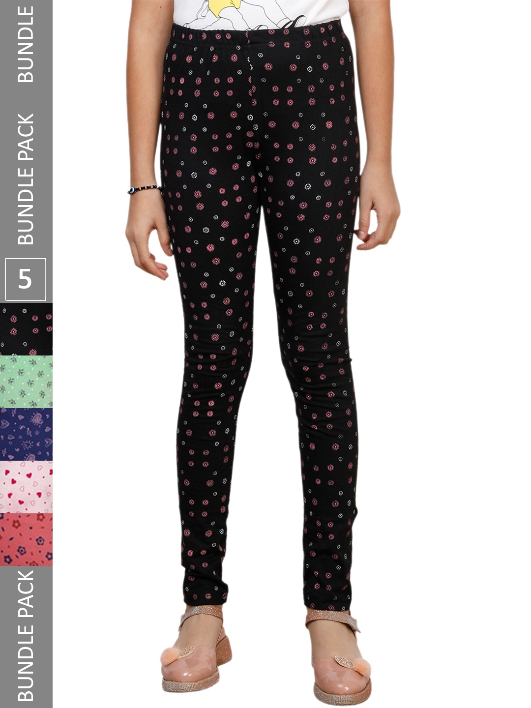 

IndiWeaves Girls Pack Of 5 Printed Pure Cotton Ankle Length Leggings, Black