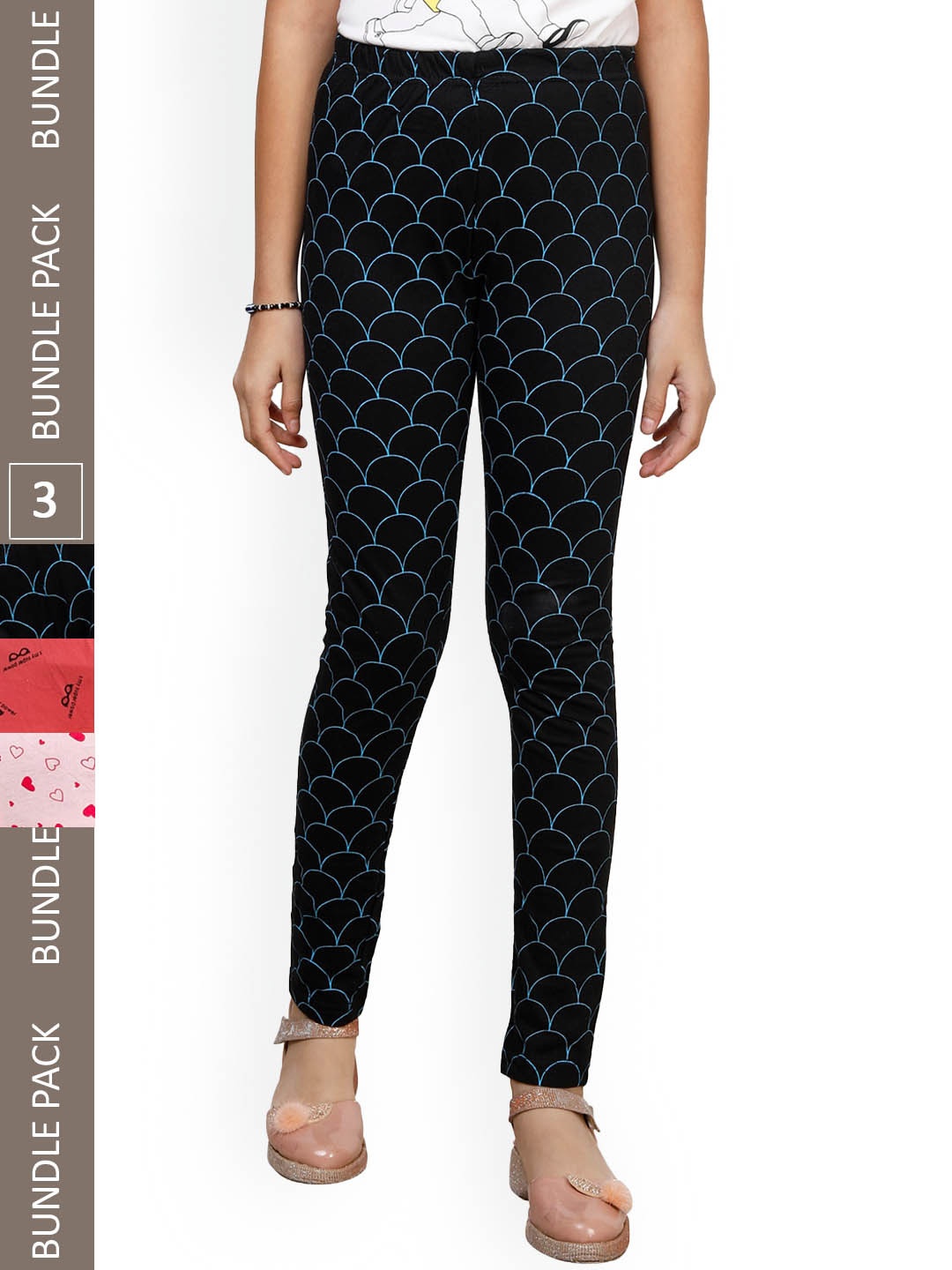 

IndiWeaves Girls Pack Of 3 Printed Pure Cotton Ankle Length Leggings, Black