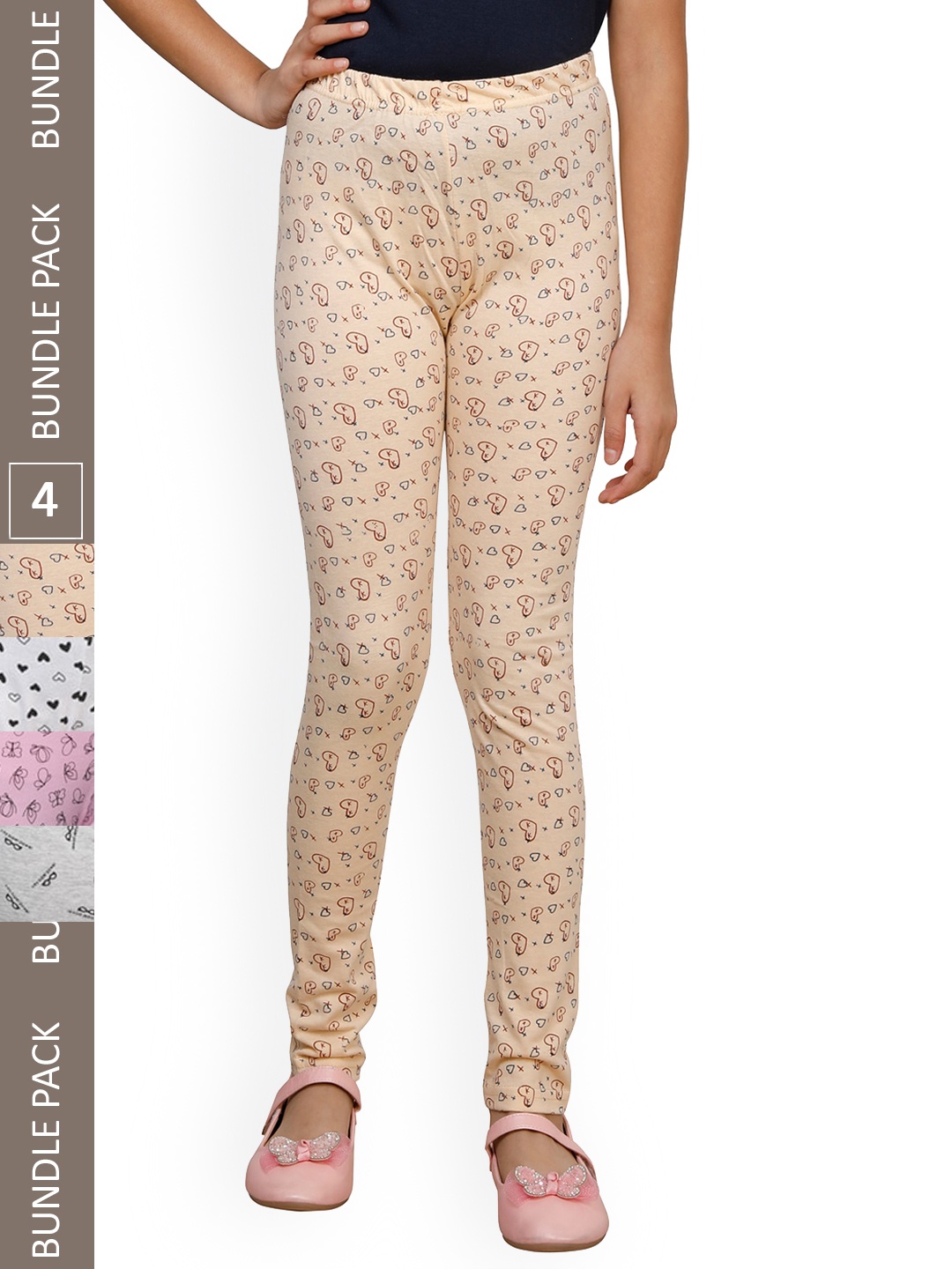 

IndiWeaves Girls Pack Of 4 Printed Pure Cotton Ankle Length Leggings, Cream