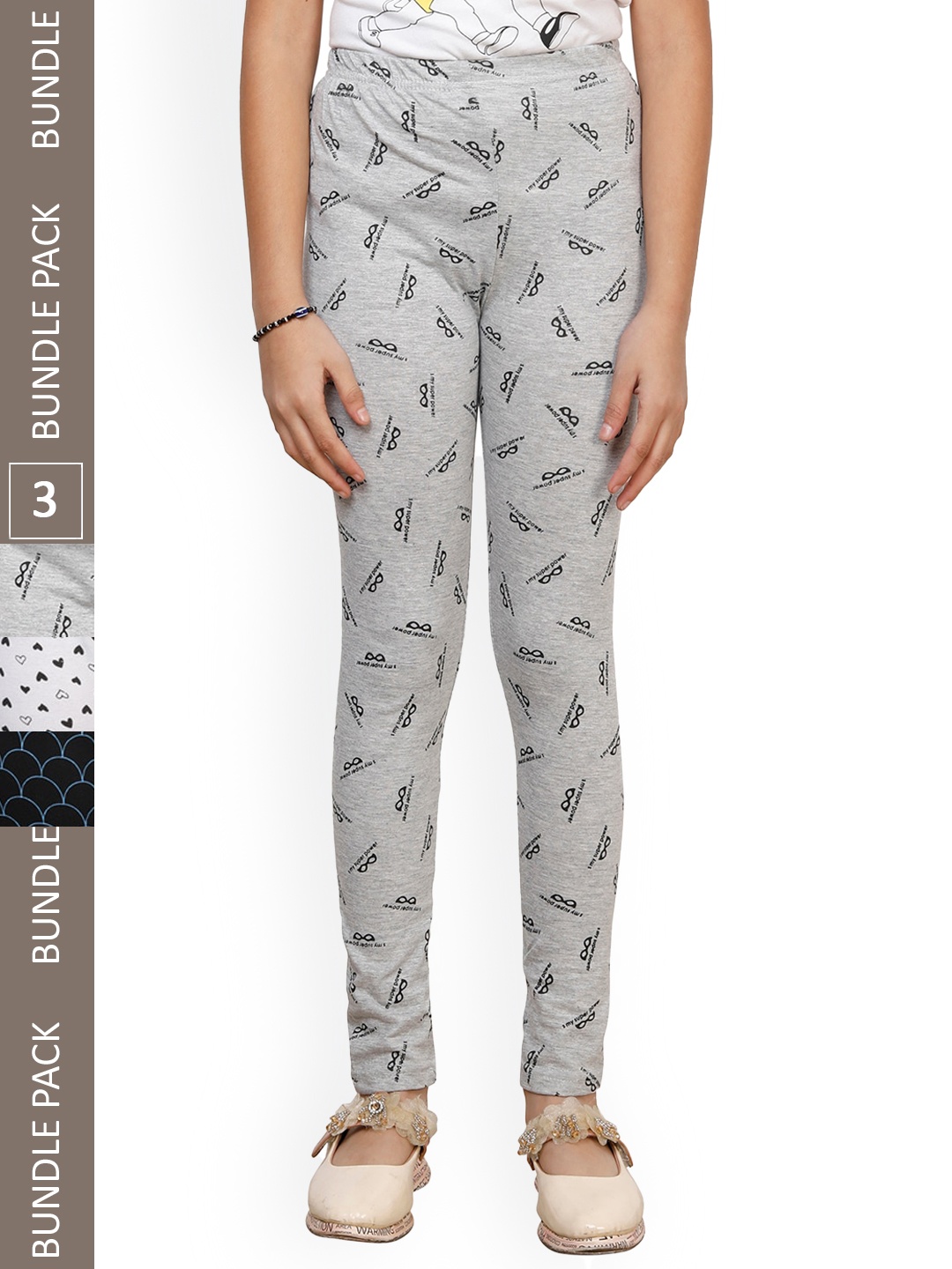 

IndiWeaves Girls Pack Of 3 Printed Pure Cotton Ankle Length Leggings, Grey